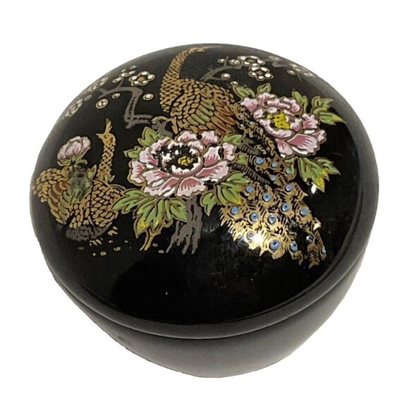 Vintage Asahi Japan Porcelain Trinket Box Peacock Floral Design Black Porcelain - Picture 2 of 8
